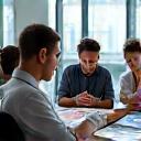 Business people in discussion with charts