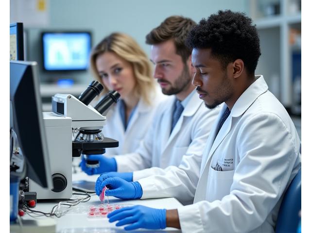 Team of food safety experts in a laboratory, examining samples